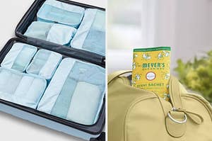 on left: blue packing cubes with folded clothes inside suitcase. on right: Mrs. Meyer's scent sachet inside yellow duffle bag