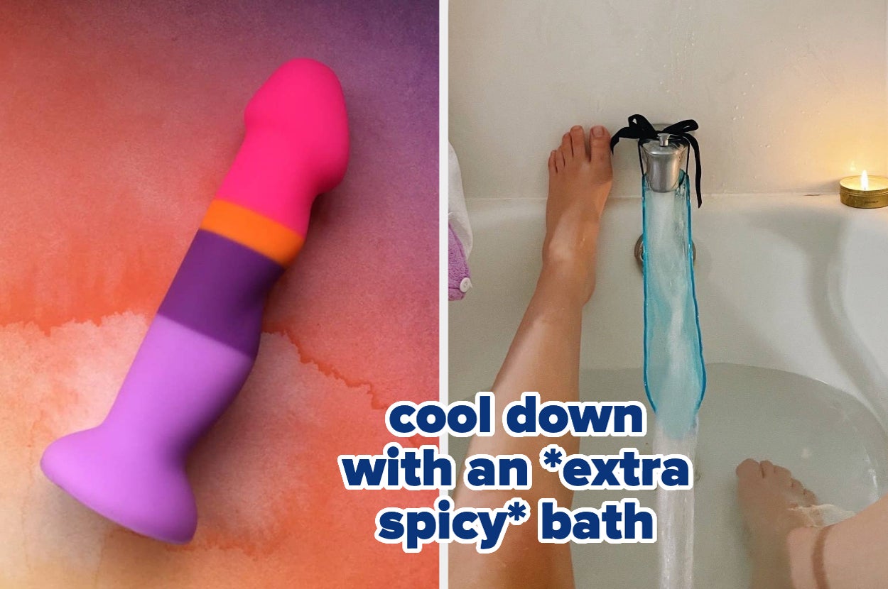 Pink stripe summer fling dildo and model in bathtub with blue spout