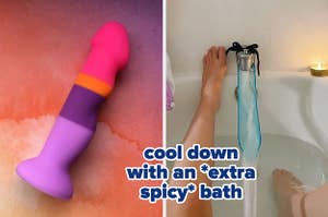 Pink stripe summer fling dildo and model in bathtub with blue spout