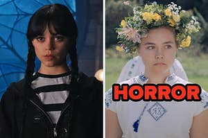 On the left, Jenna Ortega as Wednesday Addams on Wednesday, and on the right, Florence Pugh wearing a flower crown as Dani in Midsommar with horror typed under her chin