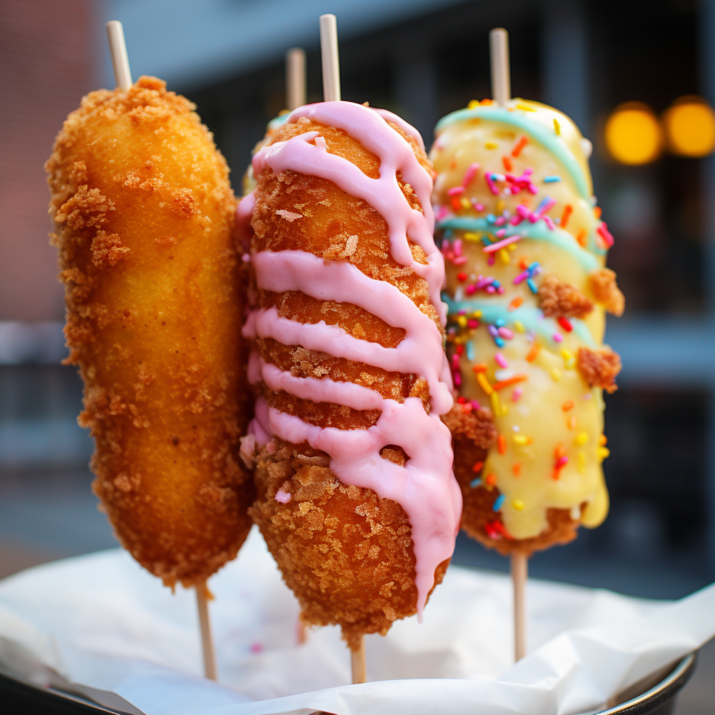 Three cotton candy corn dogs on a stick with different icings