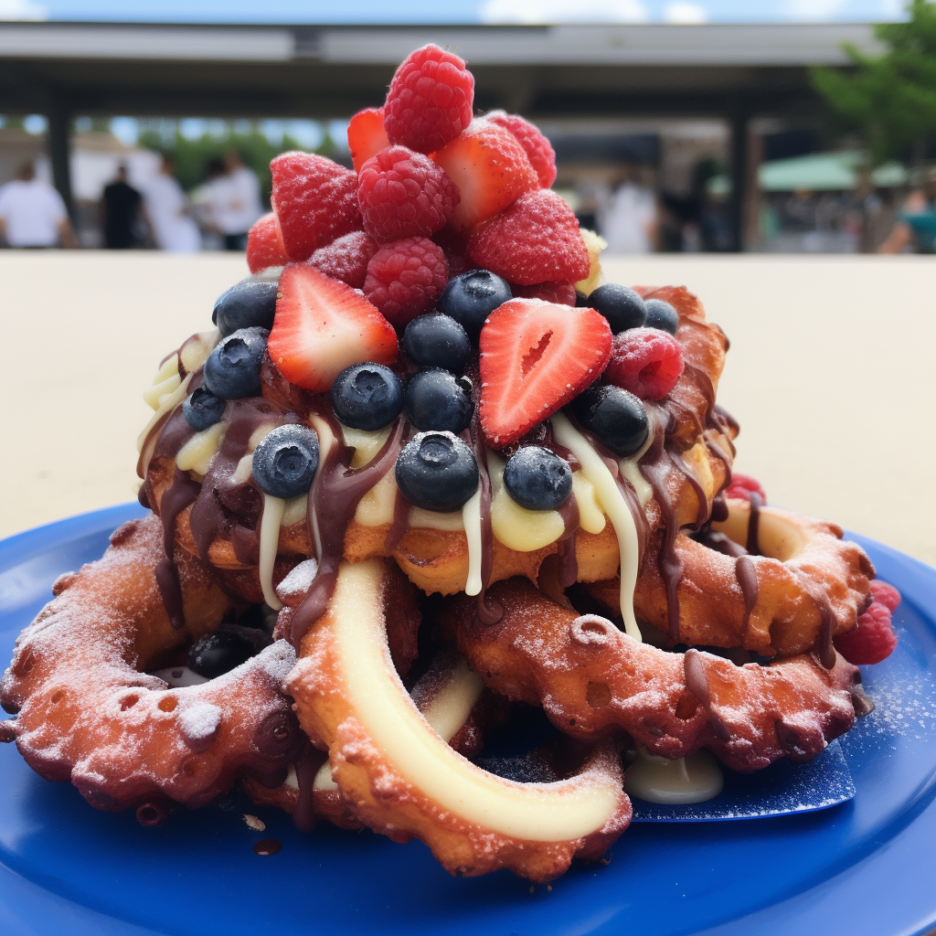 An octopus-shaped churro with berries on top in a tiered triangle