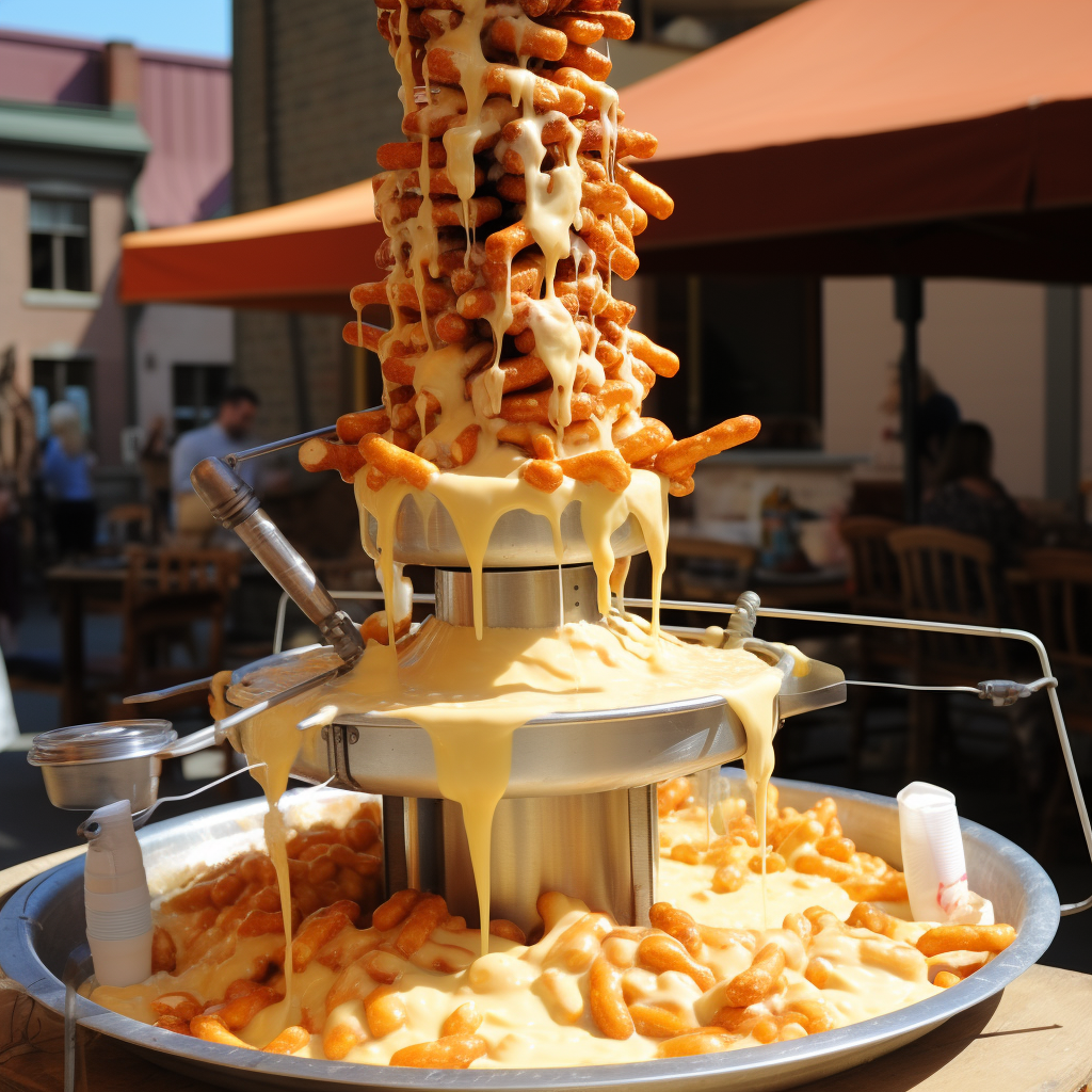 The flowing fountain with cheese dripping from each level, with the pretzels and cheese curds at the top and bottom