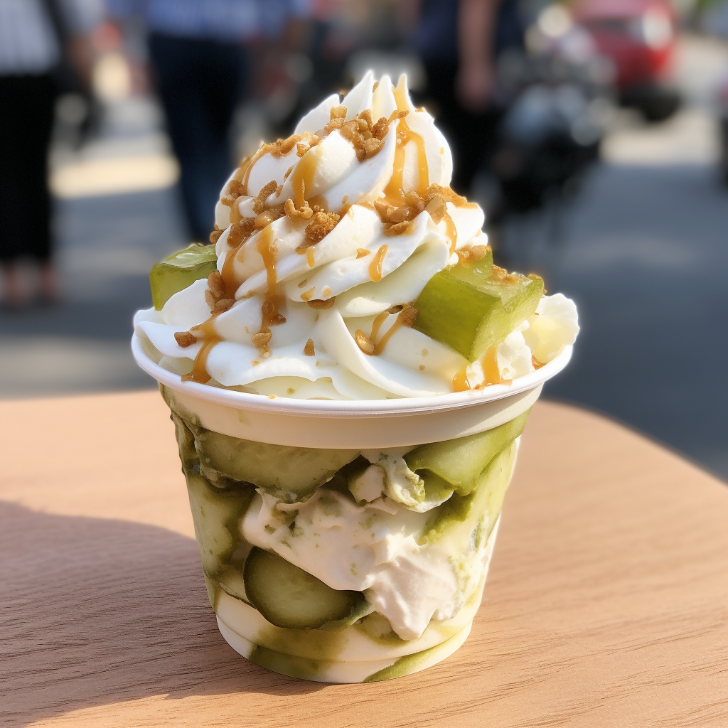 A cup of sliced pickles with whipped cream and syrup