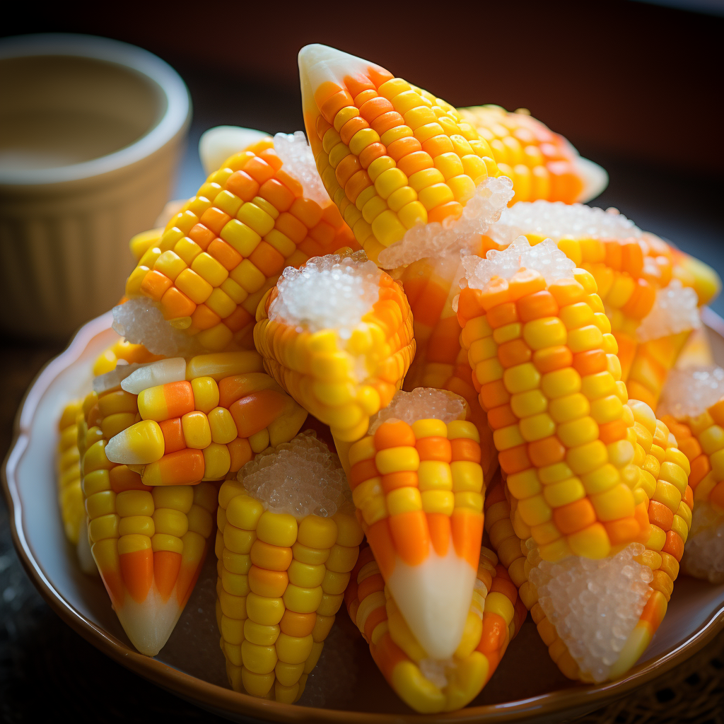 Large yellow-and-orange candy corns on a cob in a bowl with sea salt