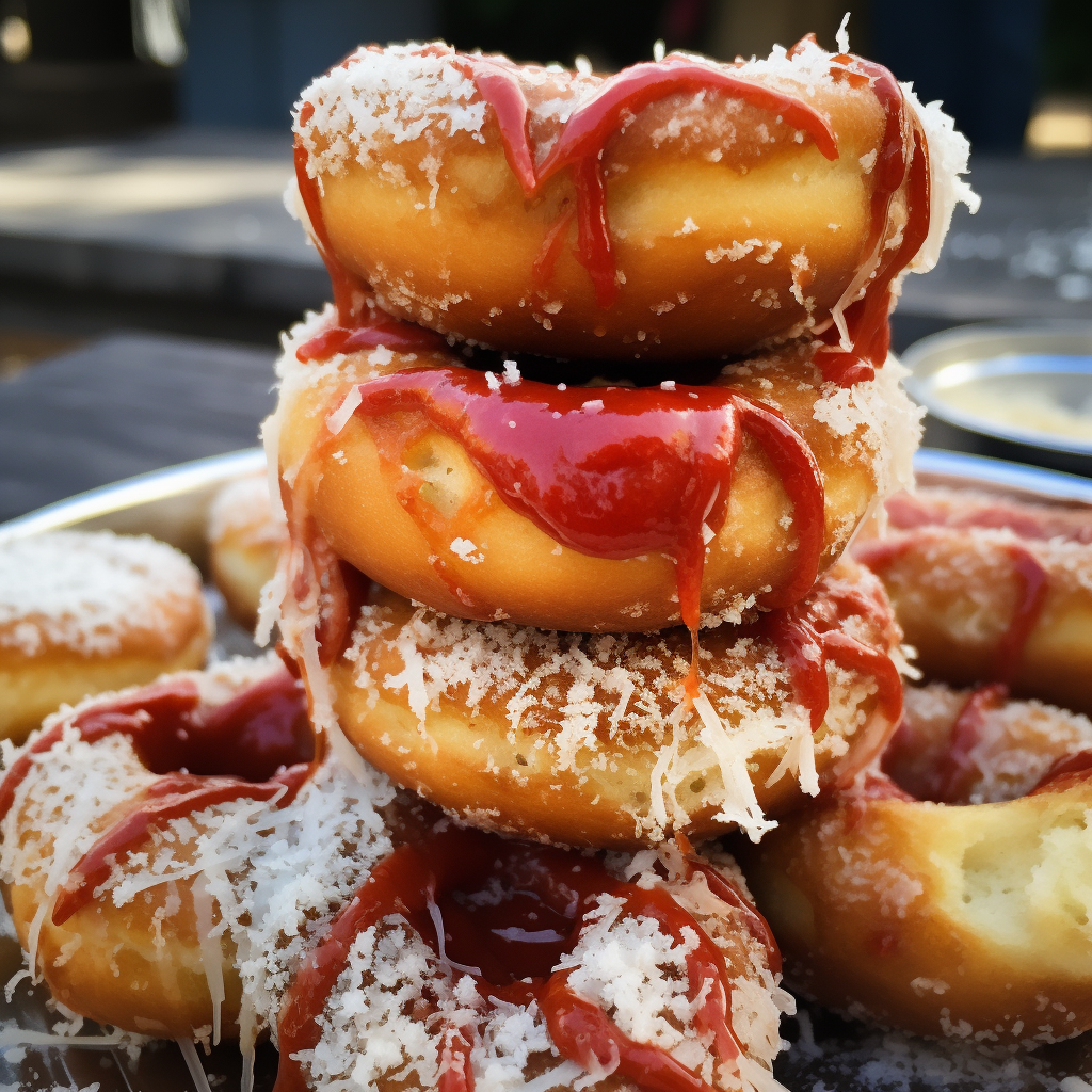 A stack of spaghetti donuts drizzled with Parmesan flakes and marinara