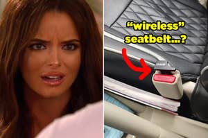 A woman looking shocked and a "wireless" seatbelt