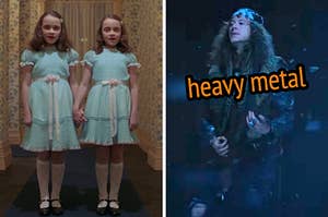 On the left, the twins from The Shining holding hands, and on the right, Eddie from Stranger Things playing the guitar labeled heavy metal