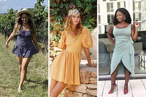 from left to right: reviewer in ruffle navy blue romper, model in short sleeve orange mini dress, reviewer in sleeveless blue asymmetrical dress