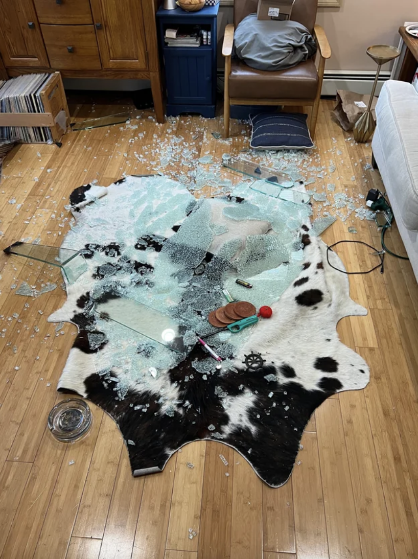 The living room floor is covered in shattered glass