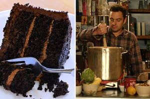 On the left, a slice of chocolate cake, and on the right, Nick from New Girl making a sauce in a pot