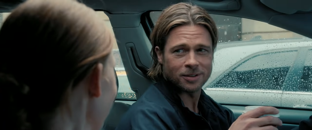 Close-up of Brad Pitt as Gerry in a car