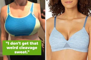 blue and green sports bra with "i don't get that weird cleavage sweat" text and model in blue bra