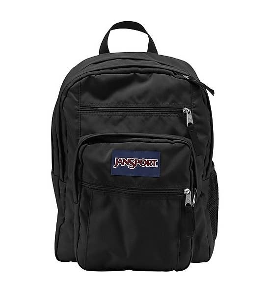 A black backpack with zippers.