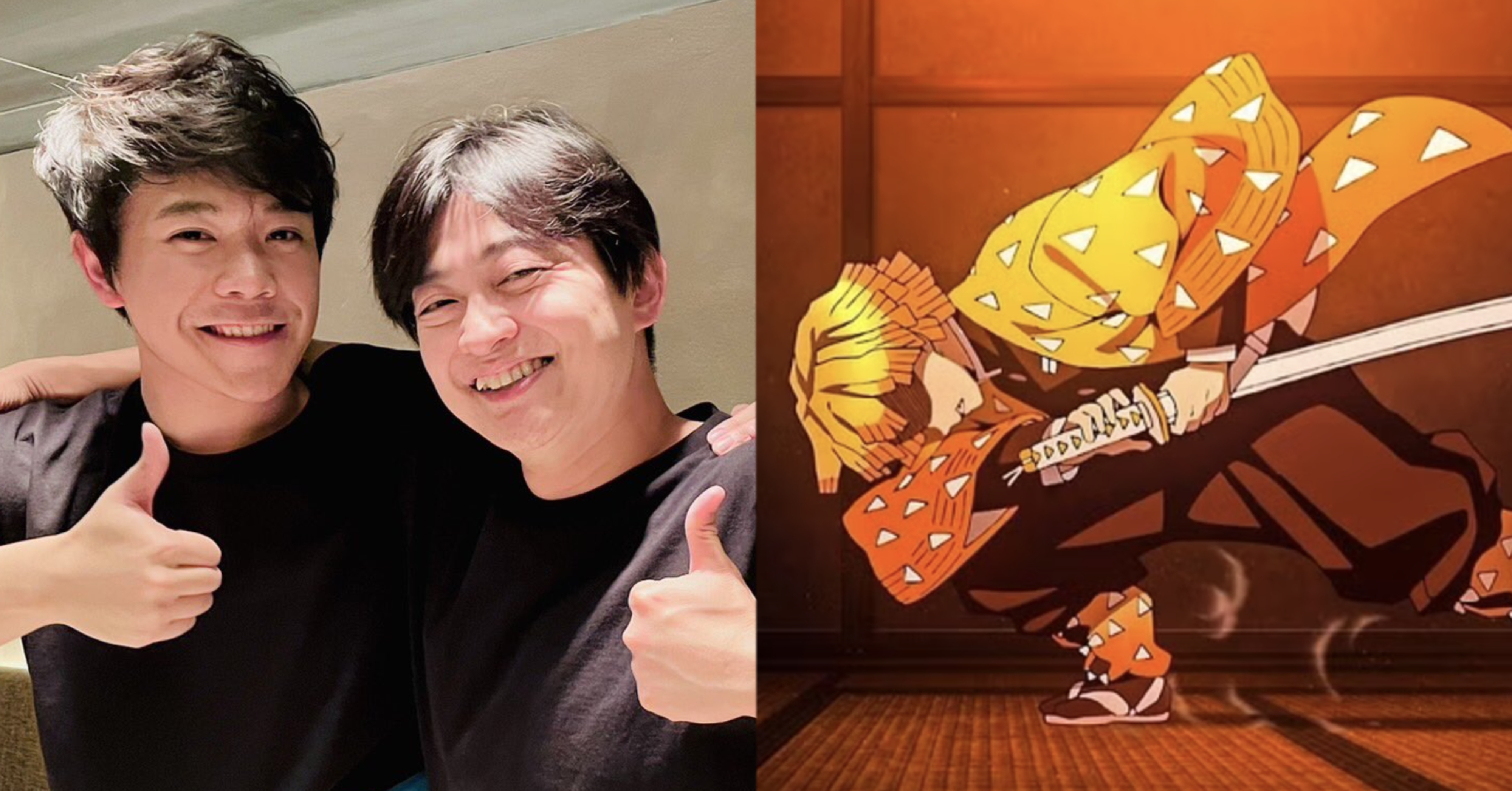 Left: Aleks and Hiro Shimono smiling while doing a thumbs up pose; Right: Zenitsu performing thunder breathing