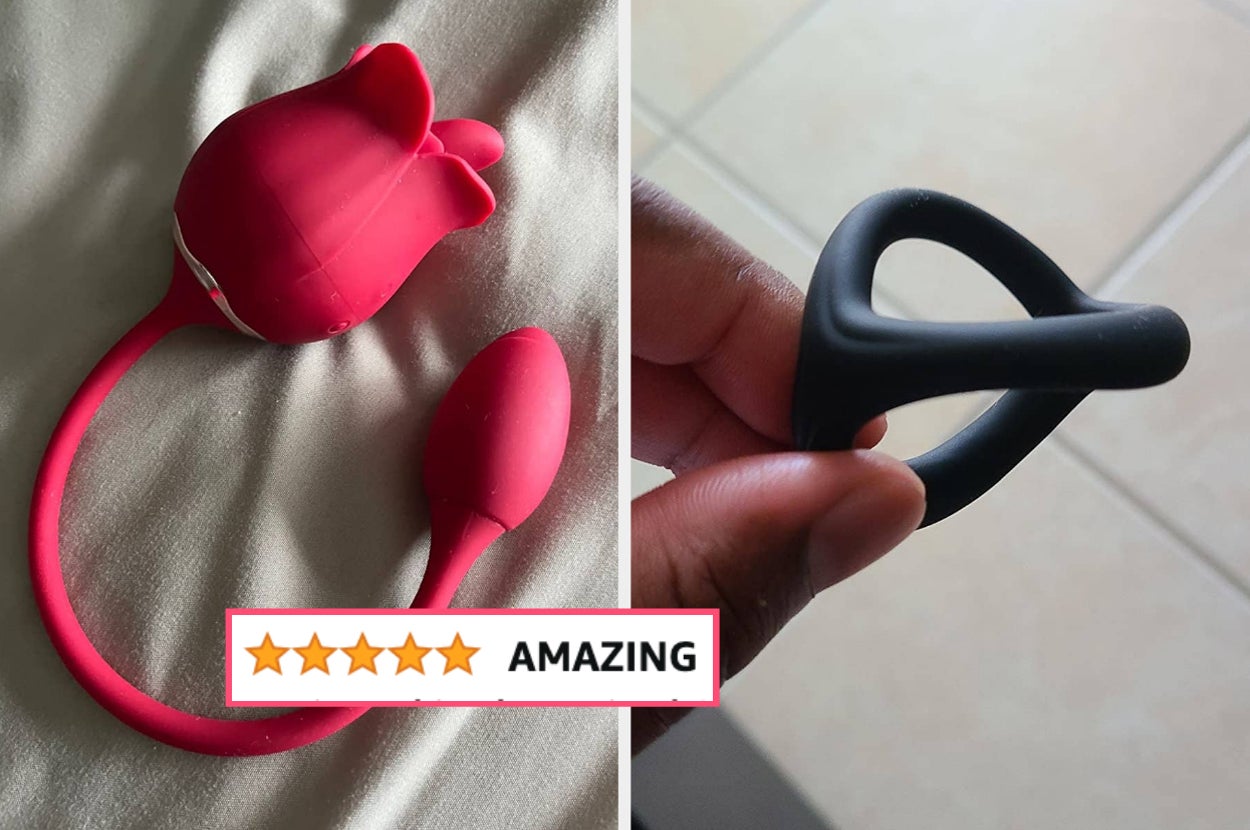 red rose-shaped dual-stimulating vibrator and reviewer holding black triple cock ring