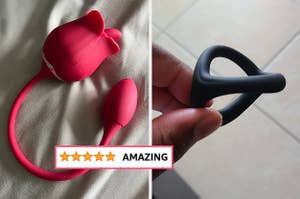 red rose-shaped dual-stimulating vibrator and reviewer holding black triple cock ring