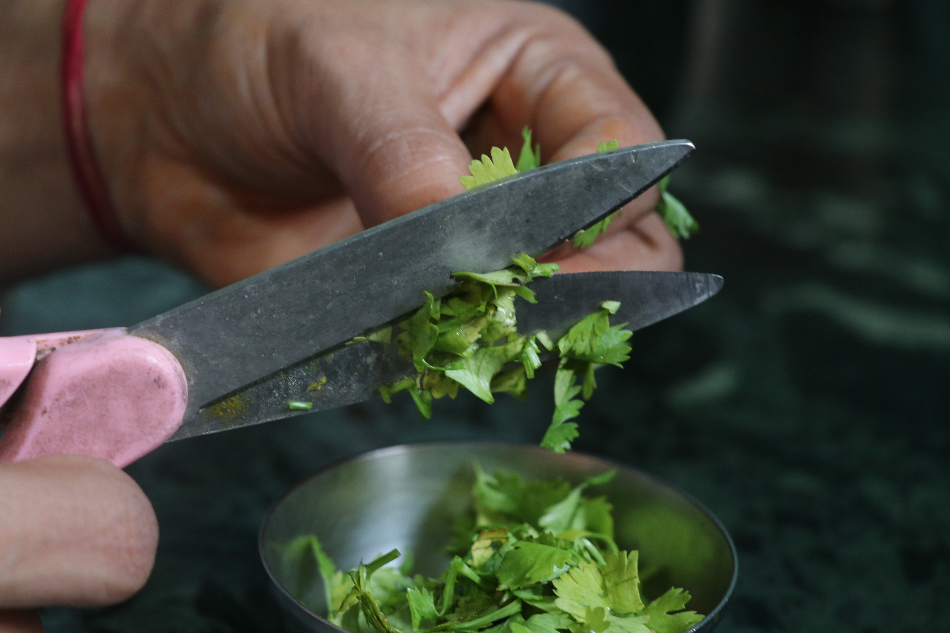 someone cutting herbs with a pair of kitchen shears