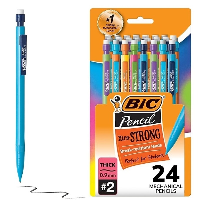 A blue mechanical pencil next to a package of colorful pencils.