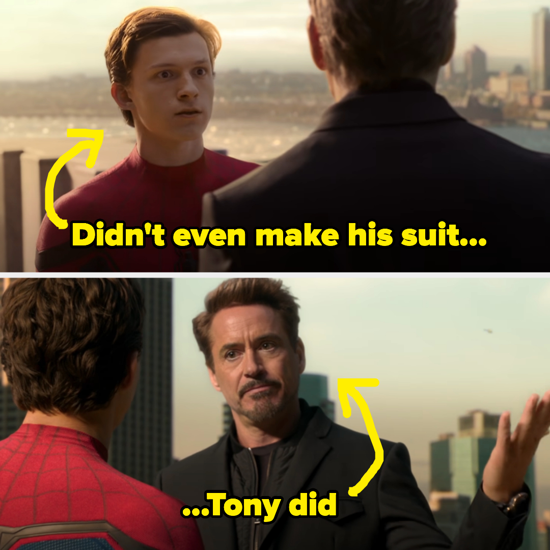 spiderman and tony stark talking on a rooftop