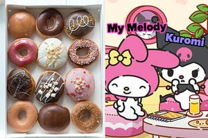 On the left, a box of donuts, and on the right, My Melody and Kuromi sitting at a table