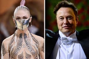 Grimes poses on the red carpet for a photo vs Elon Musk smiles with his arms raised as he poses for a photo
