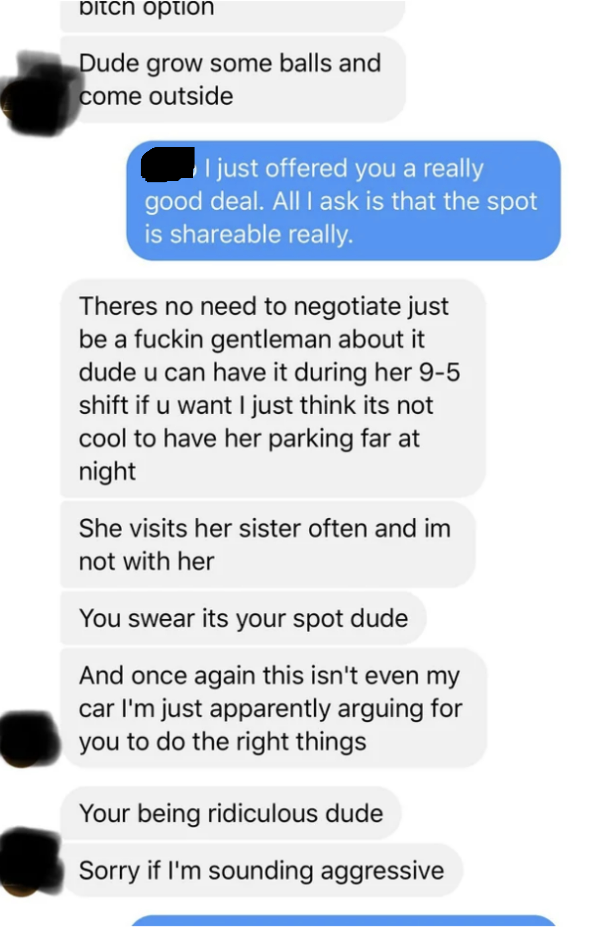 A person asks that their parking spot remain shared, and the roommate says it&#x27;s a security concern for his girlfriend so she should get the spot