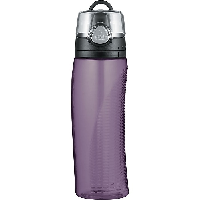 A purple water bottle with a black lid.