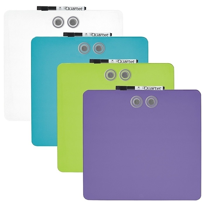 A set of colorful dry erase boards.
