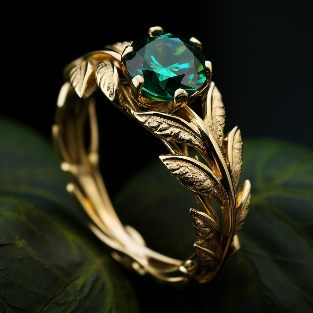 a gold ring with leaf-like details all around and an emerald like-gem in the middle