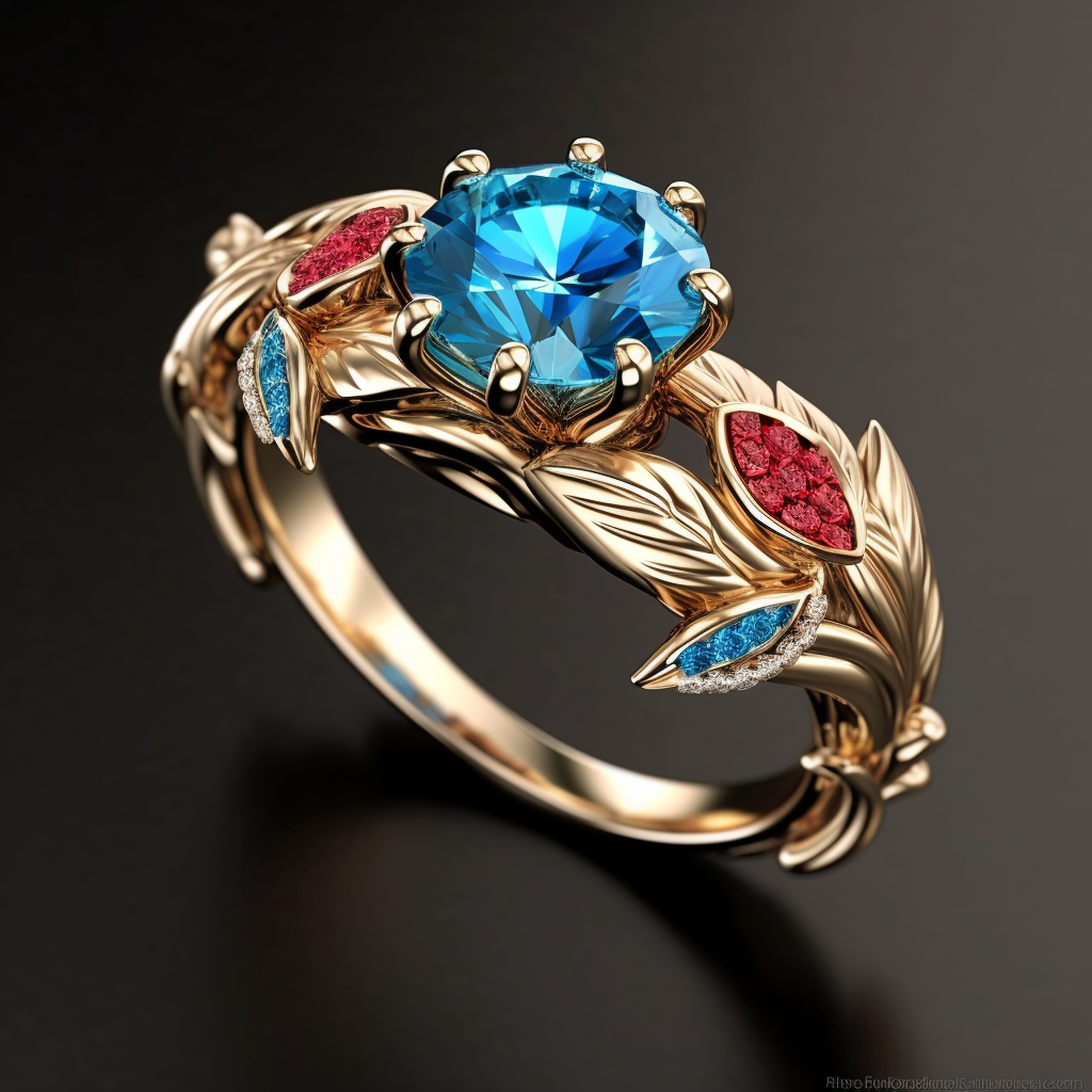 a gold ring with leaf details all over, a blue topaz-like gem in the center, and little leaf details with blue topaz-like gems and ruby-like gems around it
