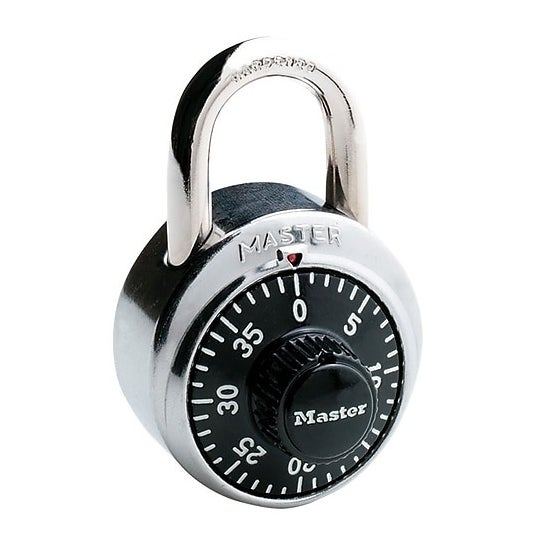 A silver lock with a black pad.