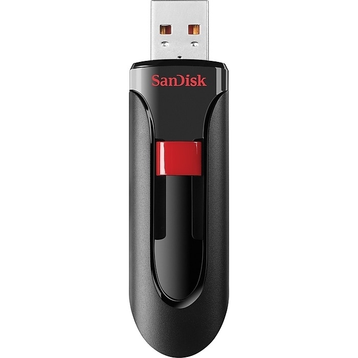A black and red flash drive.