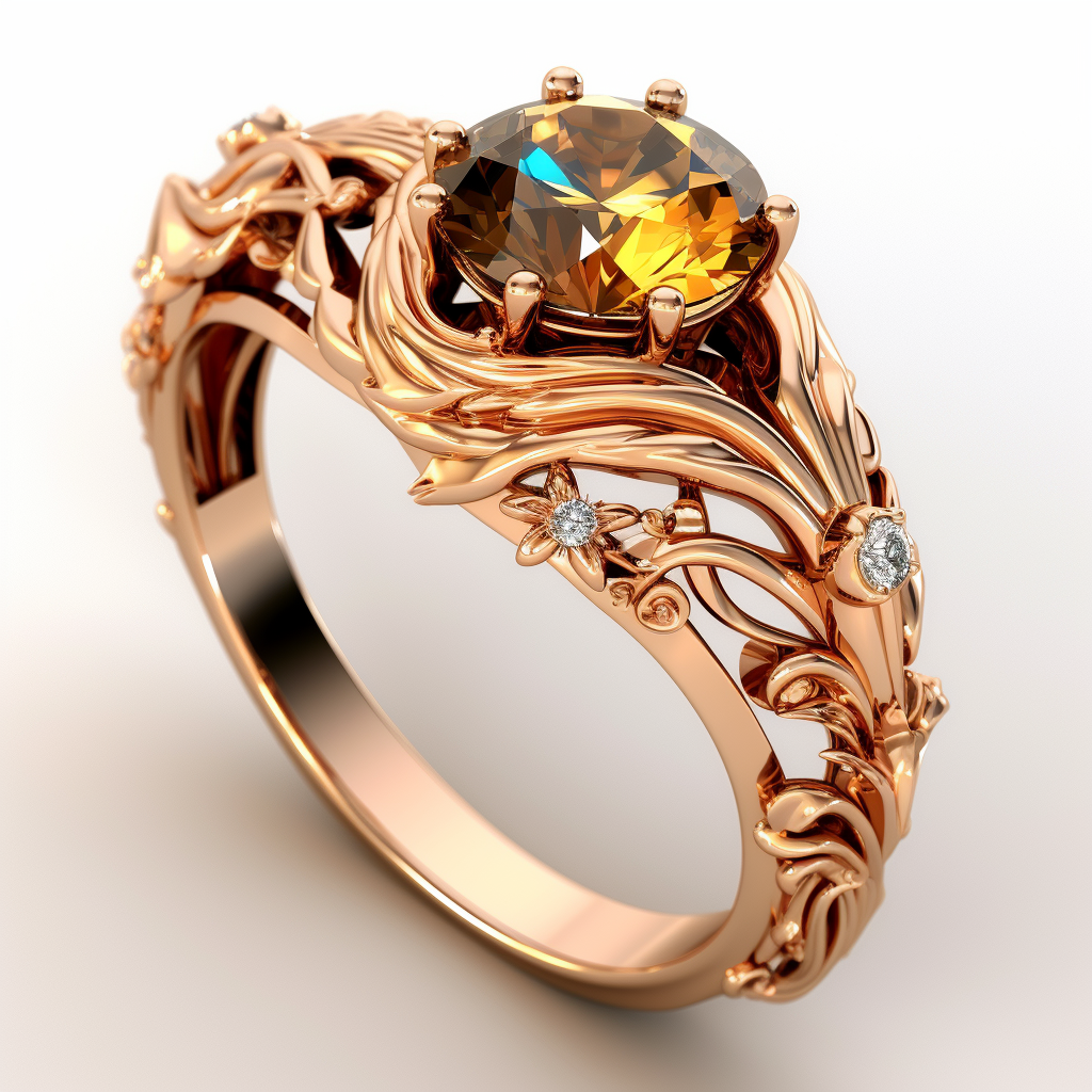 a twist, rose gold ring with a large, tourmaline-like gem in the center, twisty, branch-like marks around that, and a few tinier diamonds around the band