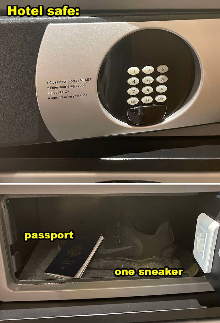 A hotel safe with a passport and a sneaker inside