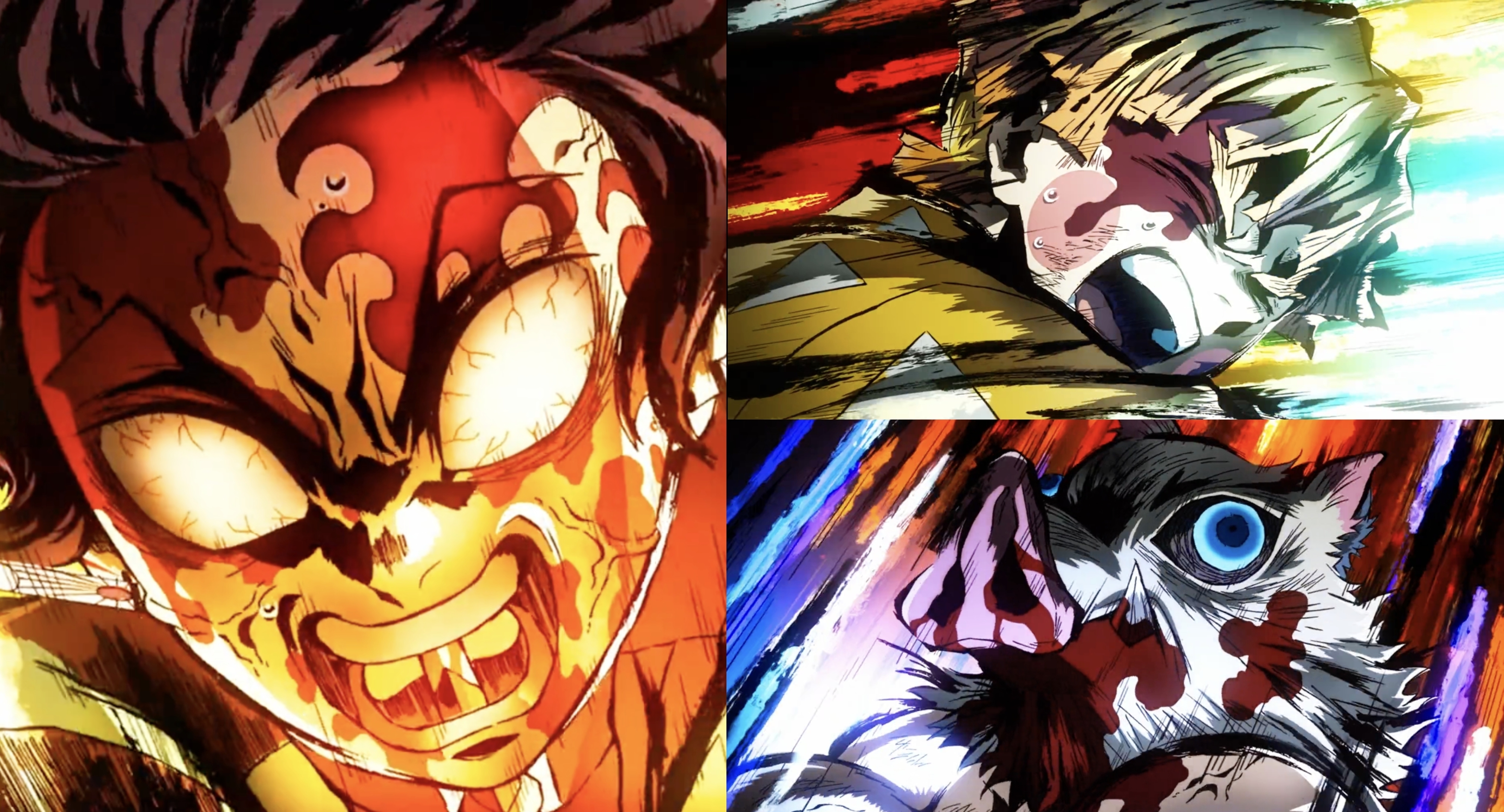Tanjiro, Zenitsu and Inosuke screaming during the battle against Daki in Season 2