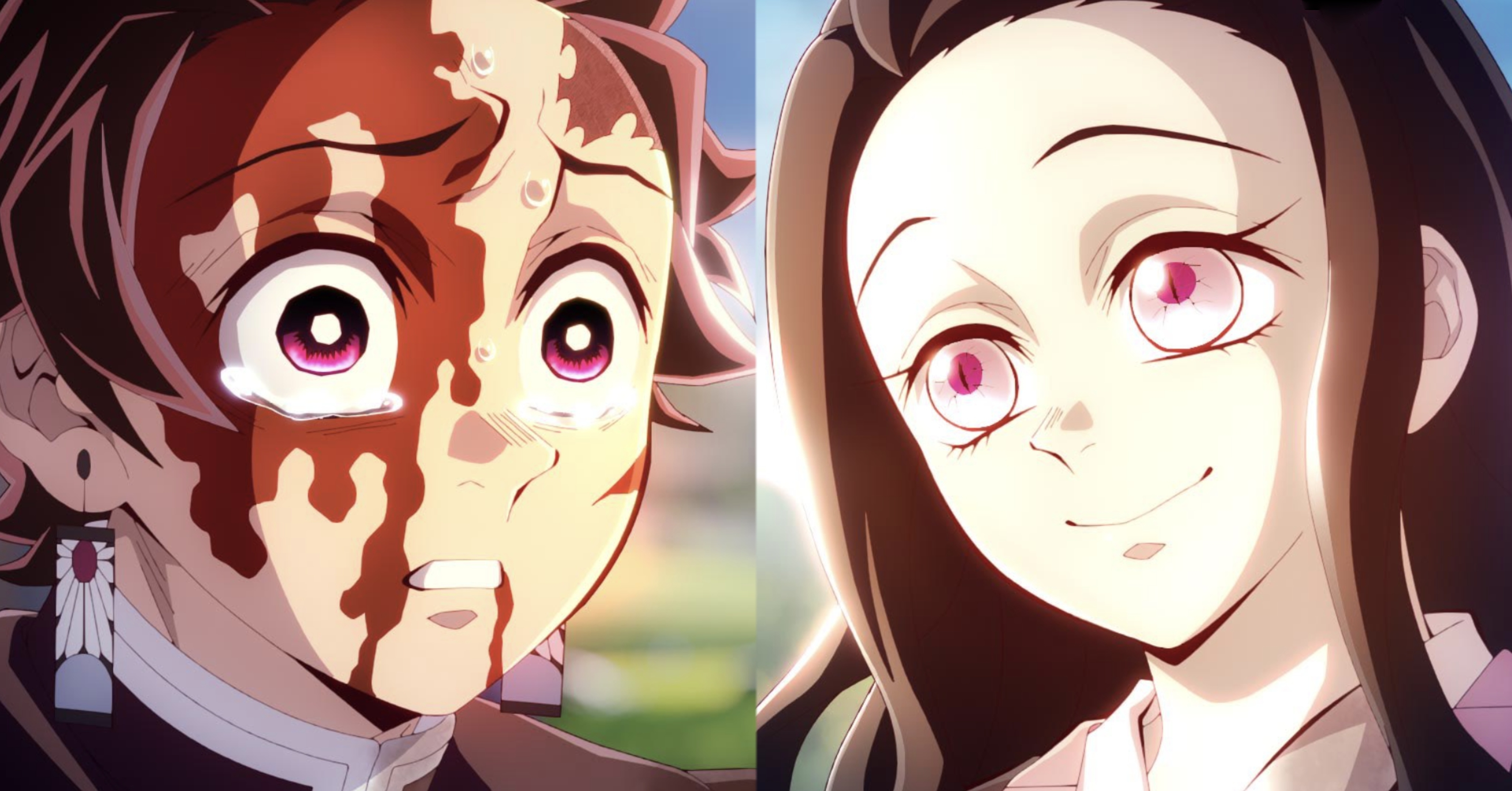 Left: A close up of Tanjiro crying while covered in blood; Right: Nezuko in her human form smiling in the sunlight while looking at Tanjiro