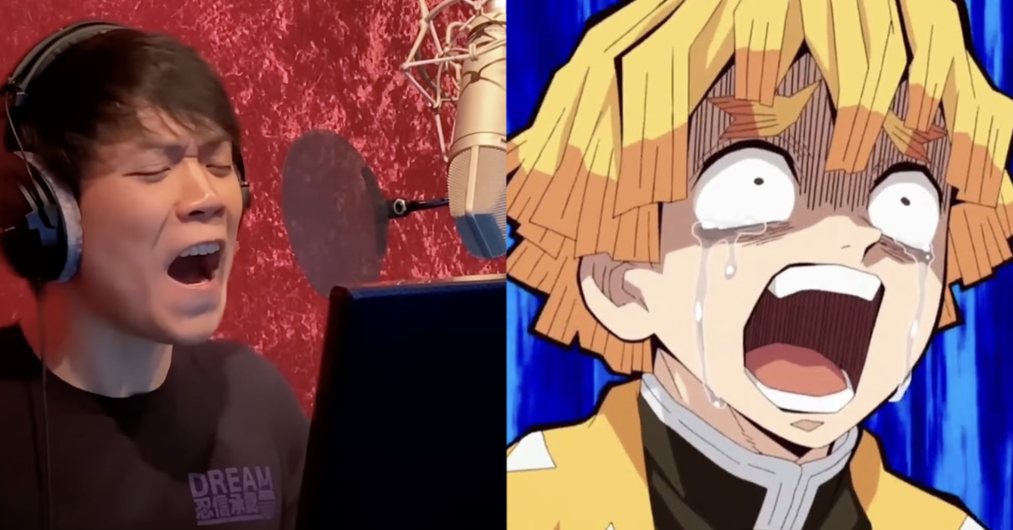 Left: Aleks recording dialogue for Zenitsu in a voice recording booth; Right: A close up of Zenitsu screaming