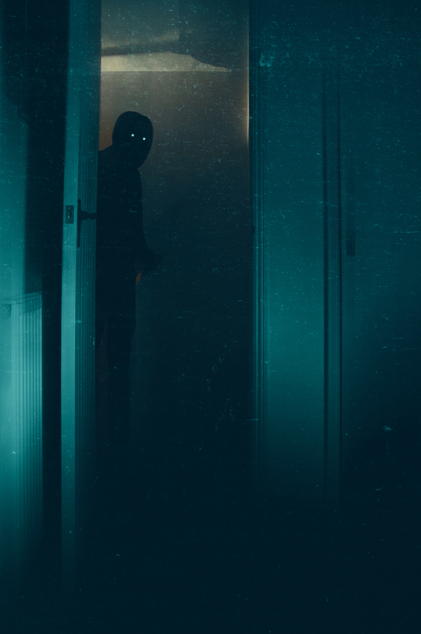 A silhouette with glowing eyes in a doorway