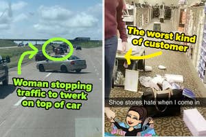Woman stopping traffic to twerk on top of car and customer in shoe store with shoe boxes all over floor