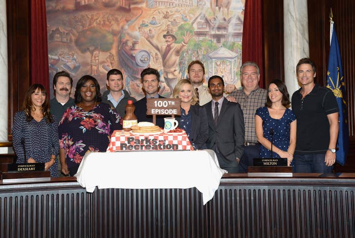 the cast all together for their 100th episode