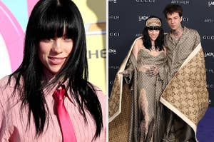 Billie Eilish smiles on the red carpet vs Billie Eilish poses next to Jesse Rutherford on the red carpet