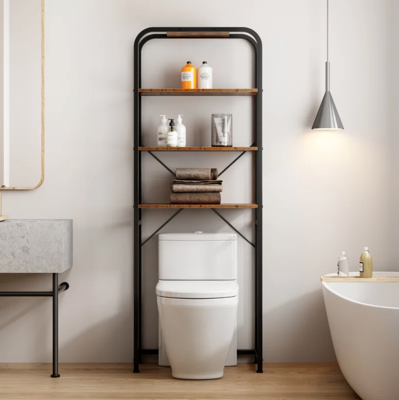 An over-the-toilet shelf with a black frame