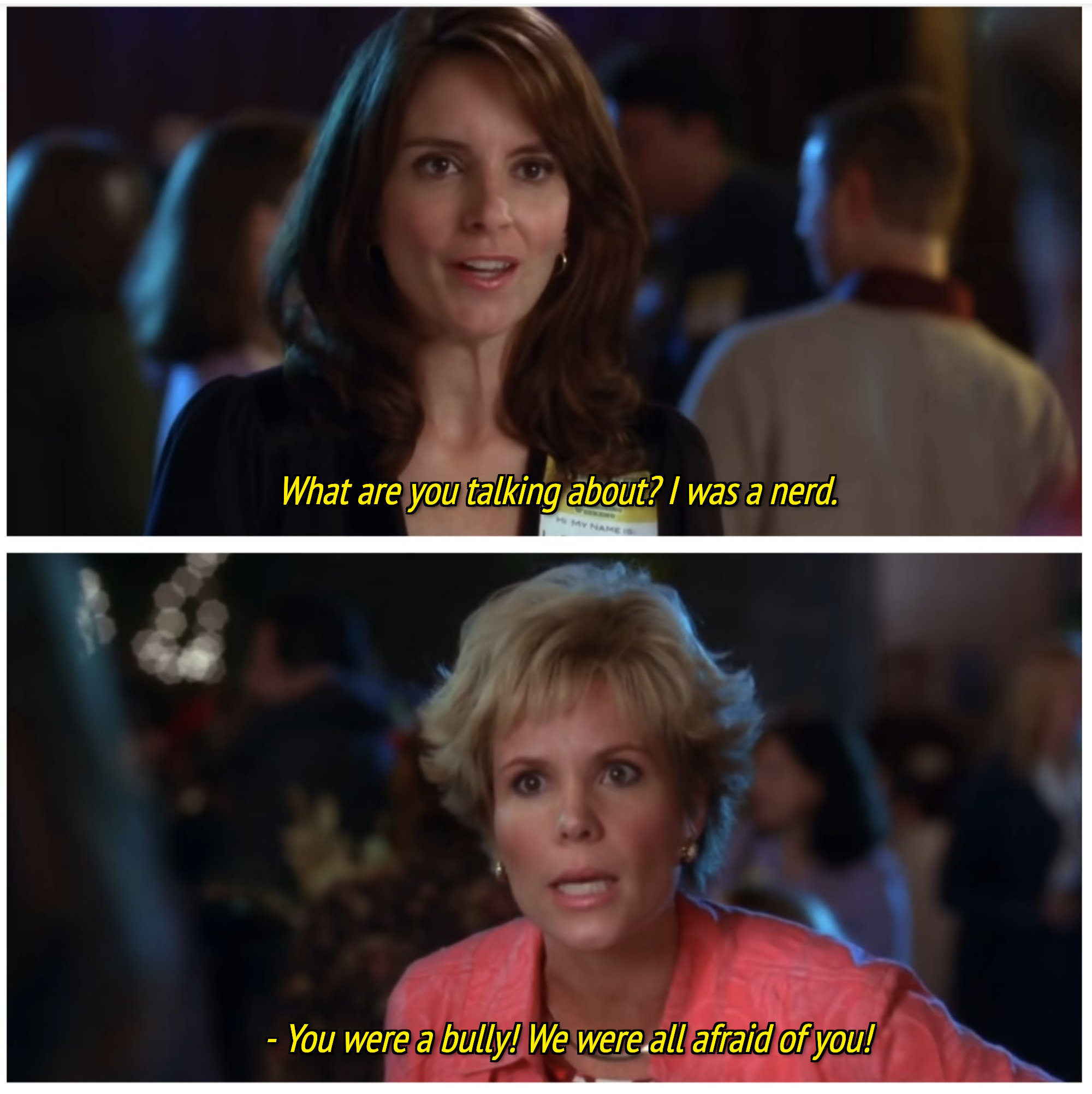 tina fey as liz lemon confronts one of her victims at a class reunion in &quot;30 rock&quot;