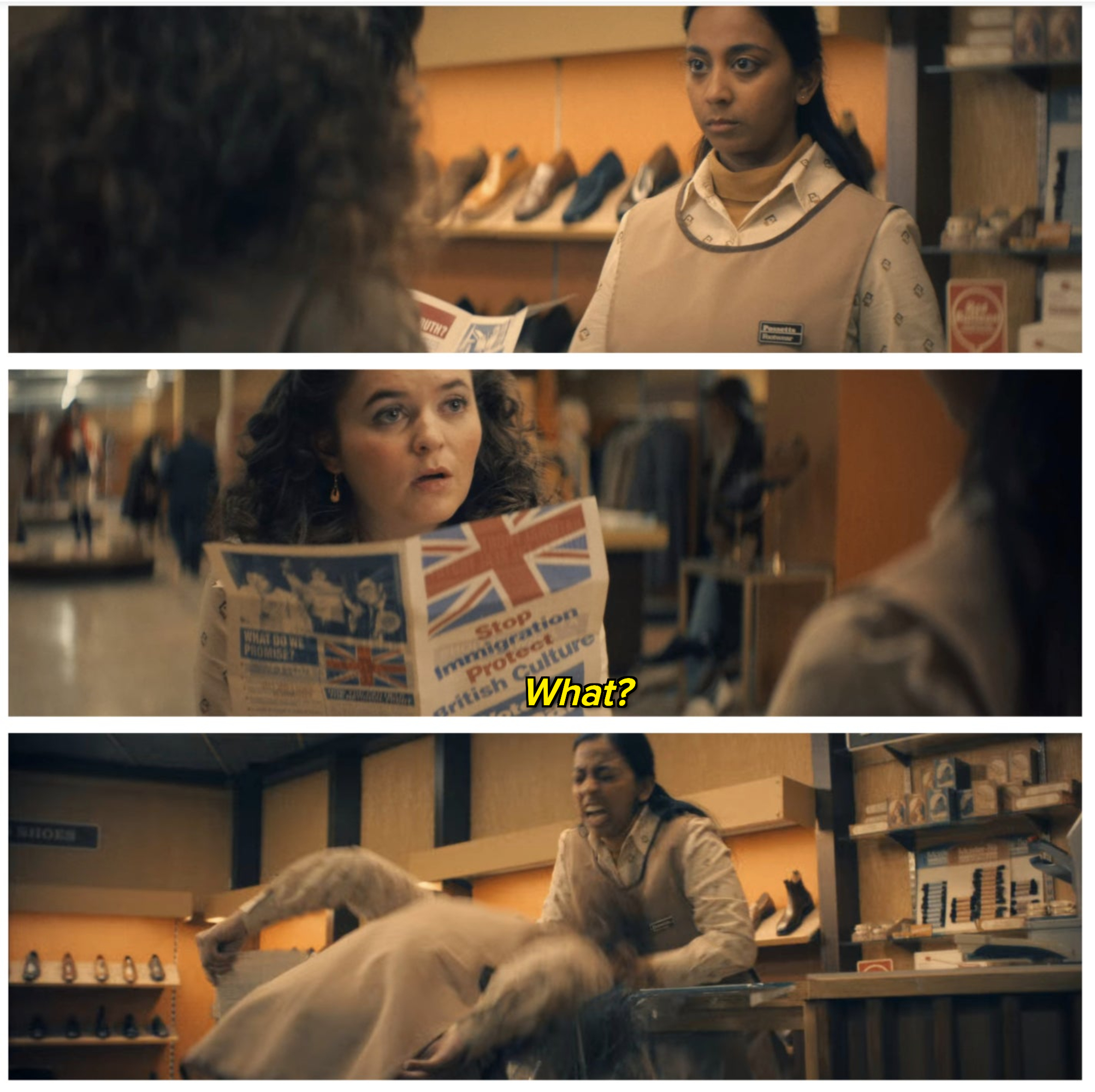 a co-worker confronts another co-worker reading an anti-immigration pamphlet by smashing her big head into a glass display case in &quot;black mirror&quot;
