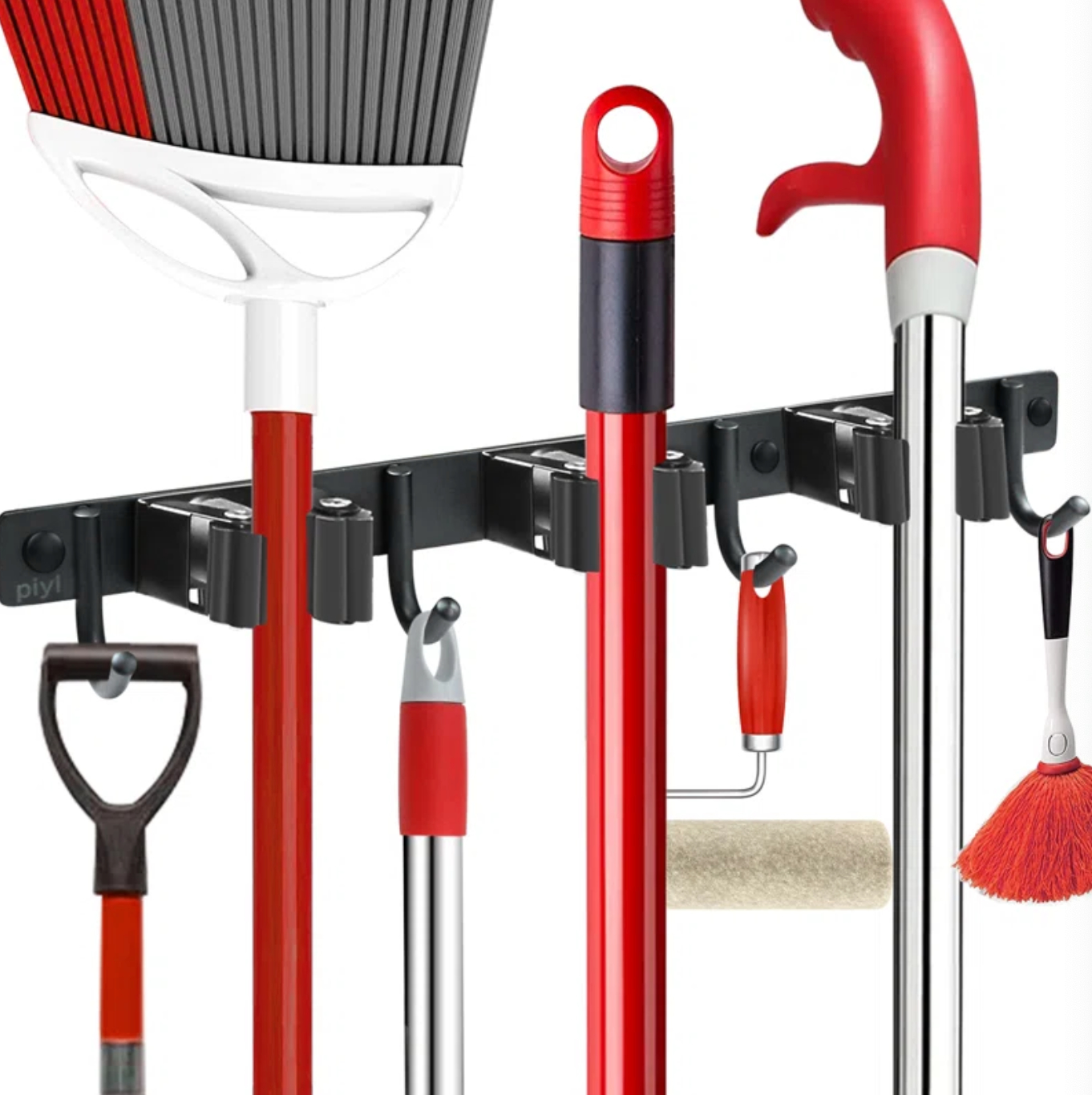 a close up of a broom and mop organizer holding red tools