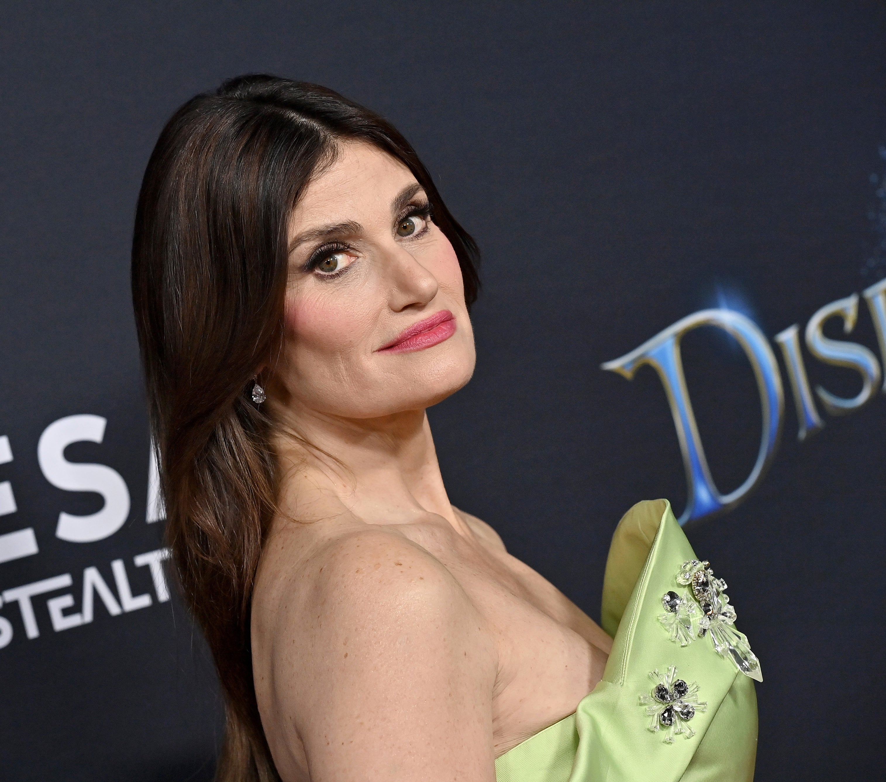 Close-up of Idina at a media event