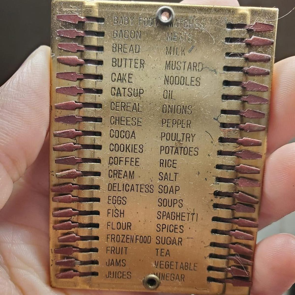 A metal card with grocery items written in type on it and arrows/levers alongside them