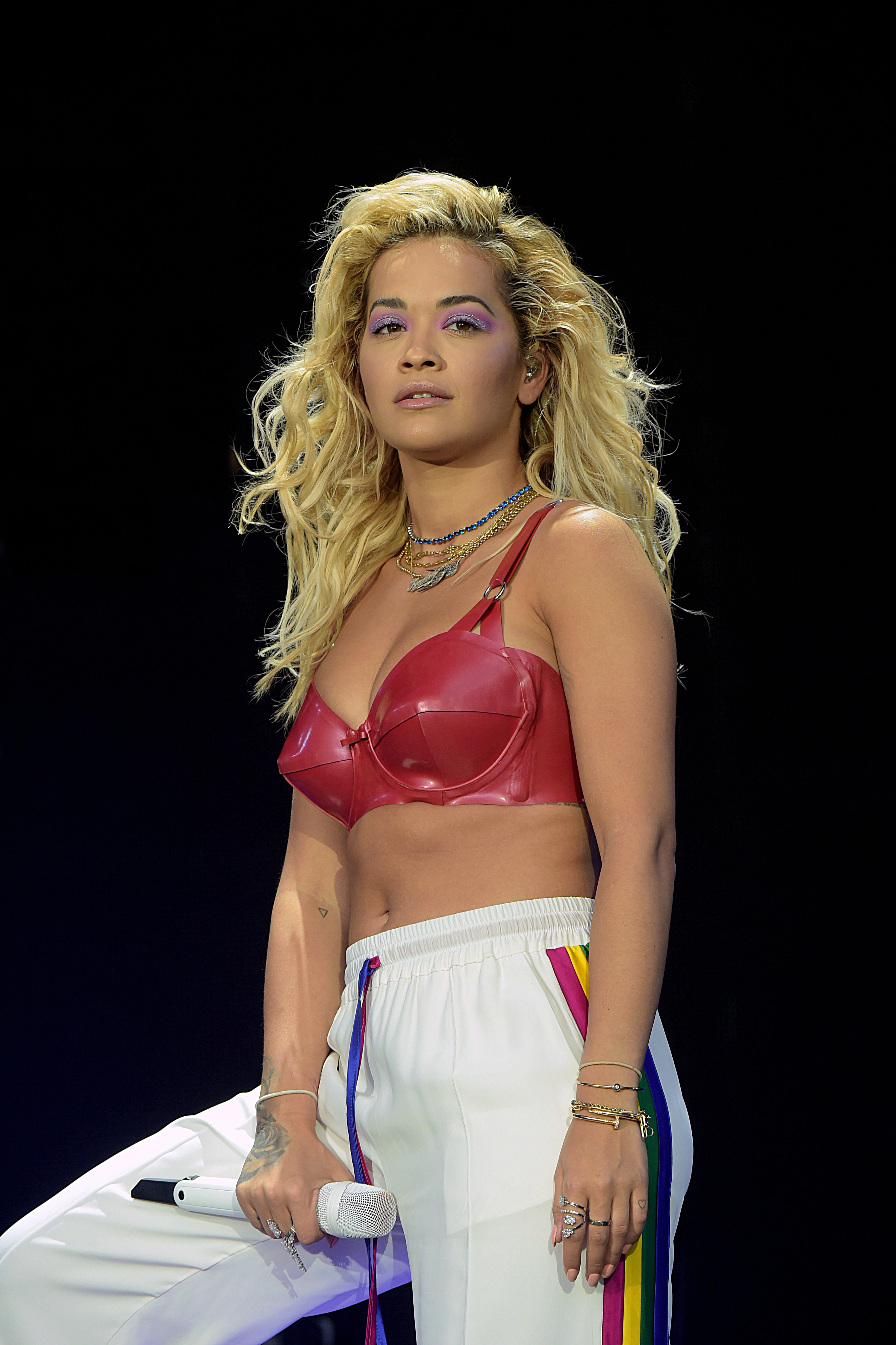 Closeup of Rita Ora onstage