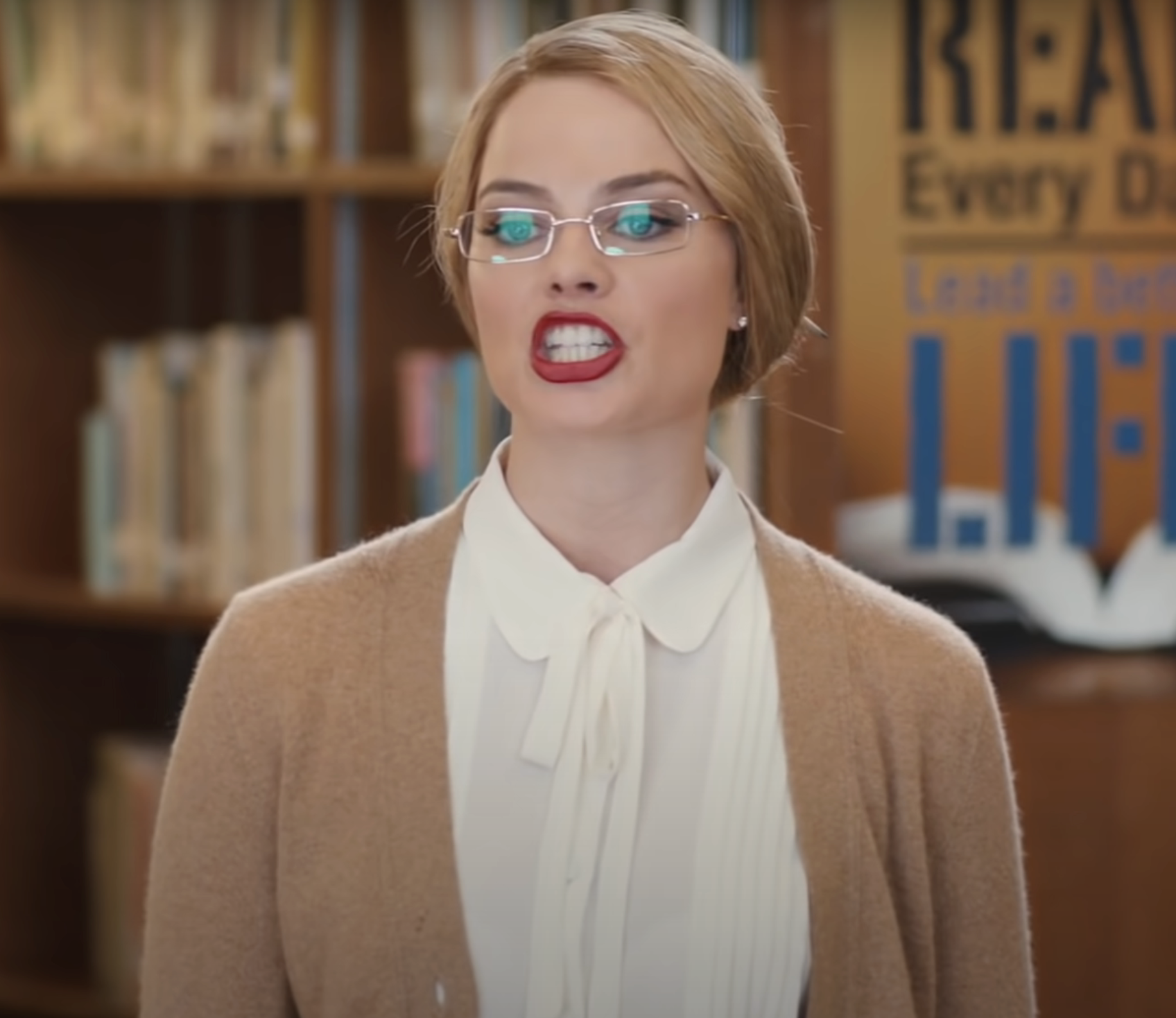 A woman dressed like a librarian